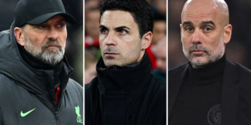 Manager Liverpool Jurgen Klopp, Manager Arsenal Mikel Arteta dan Manager Manchester City Pep Guardiola. AFP