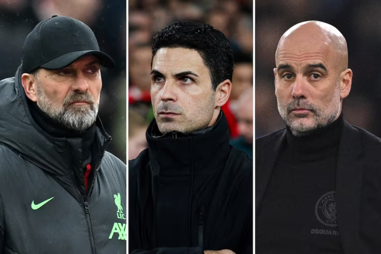 Manager Liverpool Jurgen Klopp, Manager Arsenal Mikel Arteta dan Manager Manchester City Pep Guardiola. AFP