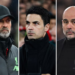Manager Liverpool Jurgen Klopp, Manager Arsenal Mikel Arteta dan Manager Manchester City Pep Guardiola. AFP